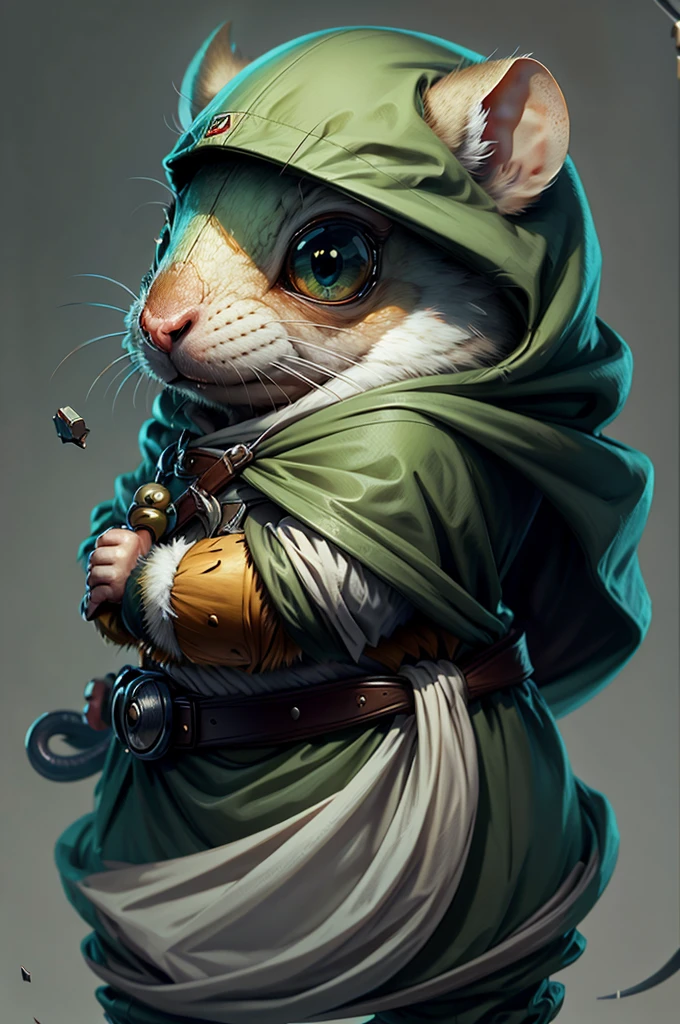 Solitary, White mouse, Wearing a green hooded cape, Belt with waist bag, Holding a sword, angry, Realistic mouse,Lens at a distance