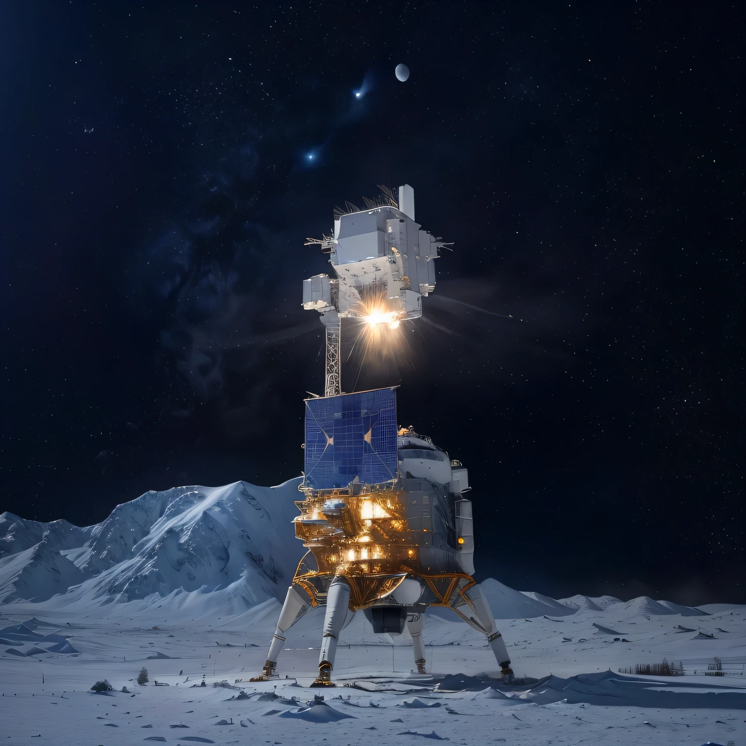 Satellite view of the snow，There is also a satellite in the background, landing on the moon, the first landing on the moon, on the surface of the moon, moon mission, spaceship landing, small spacecraft in background, Moonwalk, Sino-US space war, Space probe, moon landing, moon, space station on the moon