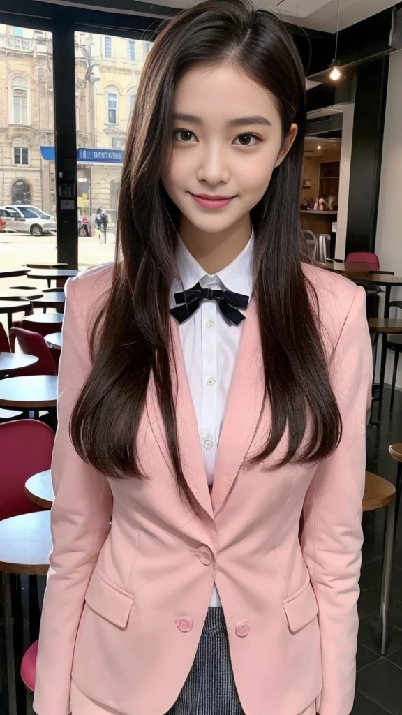 ((Best Quality, 8K, Masterpiece: 1.3)), a beauti, In addition, melon face, Friendly and cute, sweet smile, Pure desire, Slender body, (s whole body), (tilted head), ((looking at camera)), Medium Black Silky Straight Hair, Long flowing shoulders, round black big eyes, clear big eyes, moist red lips, Cafe shop background, ((full body shooting)), (Deep Pink Blazer, bows, Sock, High School Uniform: 1.2, ), (Middle breast)