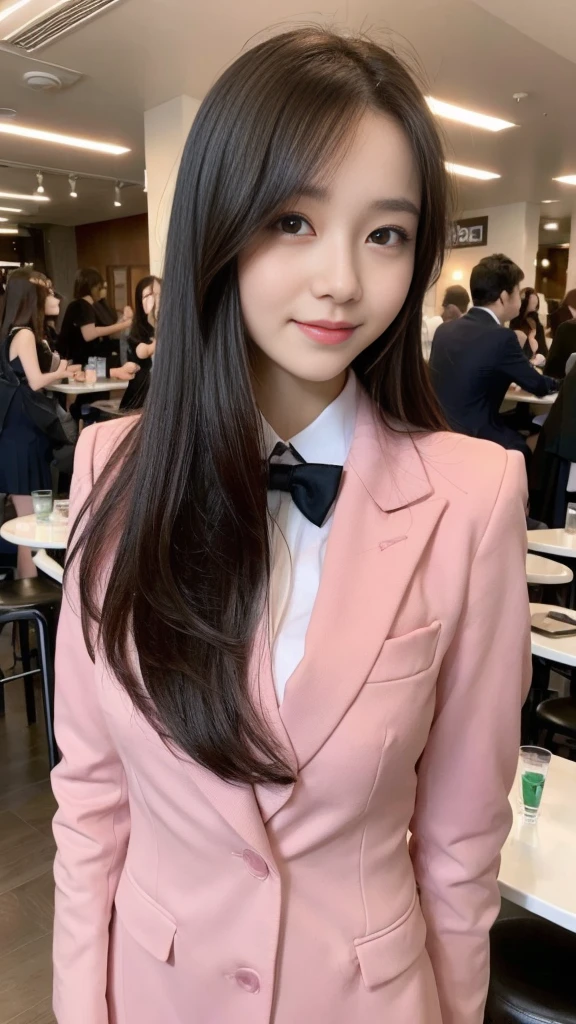 ((Best Quality, 8K, Masterpiece: 1.3)), a beauti, In addition, melon face, Friendly and cute, sweet smile, Pure desire, Slender body, (s whole body), (tilted head), ((looking at camera)), Medium Black Silky Straight Hair, Long flowing shoulders, round black big eyes, clear big eyes, moist red lips, Cafe shop background, ((full body shooting)), (Deep Pink Blazer, bows, Sock, High School Uniform: 1.2, ), (Middle breast)