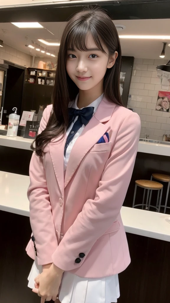 ((Best Quality, 8K, Masterpiece: 1.3)), a beauti, In addition, melon face, Friendly and cute, sweet smile, Pure desire, Slender body, (s whole body), (tilted head), ((looking at camera)), Medium Black Silky Straight Hair, Long flowing shoulders, round black big eyes, clear big eyes, moist red lips, Cafe shop background, ((full body shooting)), (Deep Pink Blazer, bows, Sock, High School Uniform: 1.2, ), (Middle breast)