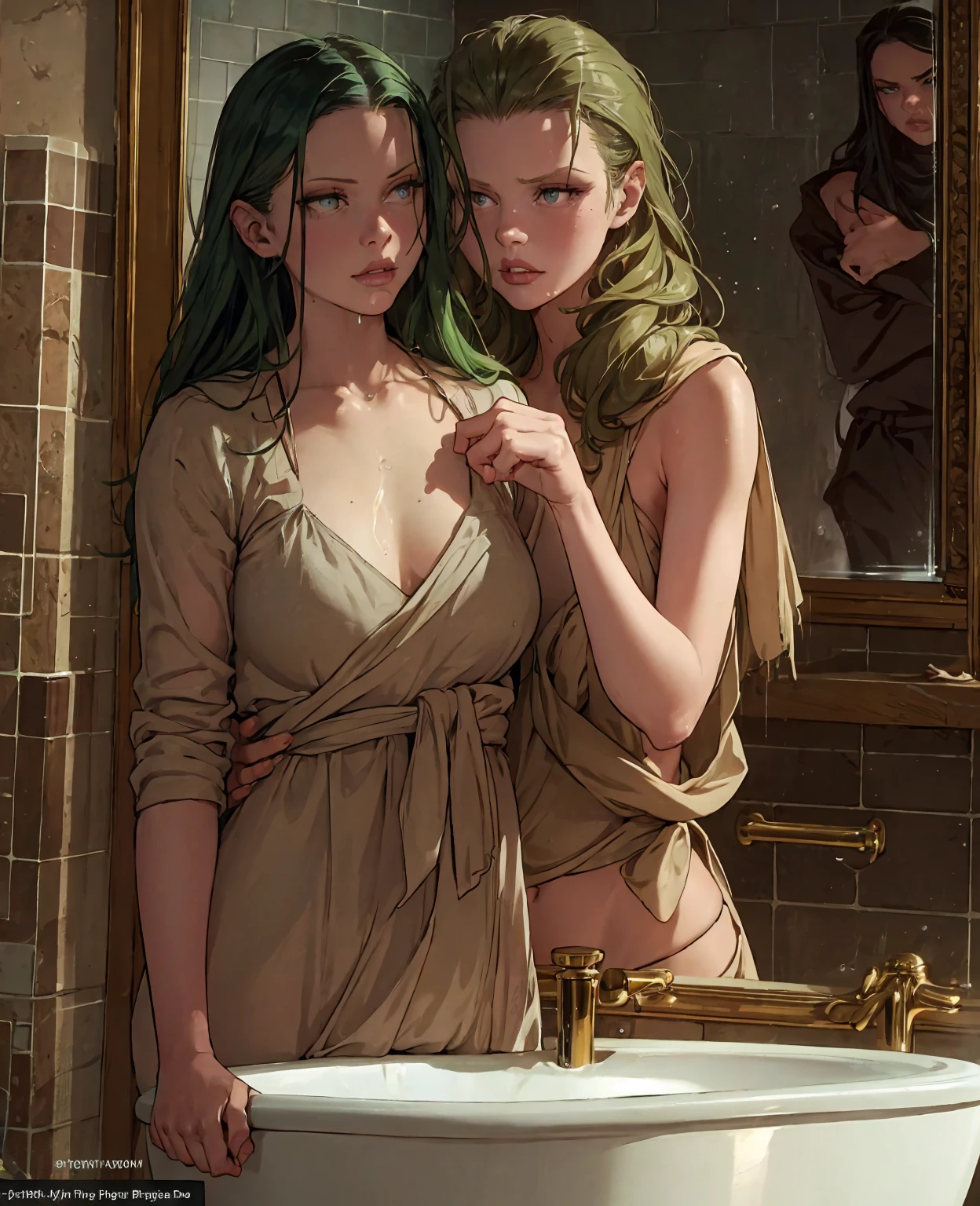 Mia goth, sexy woman, green hair, black eyes, in bathroom, wearing glasses, beautiful detailed eyes, beautiful detailed lips, extremely detailed face, longeyelashes, wet hair, water droplets, bathroom tiles, mirror reflection, high quality, 8k, photorealistic, intricate details, cinematic lighting, dramatic lighting, chiaroscuro, neon lights, moody atmosphere
