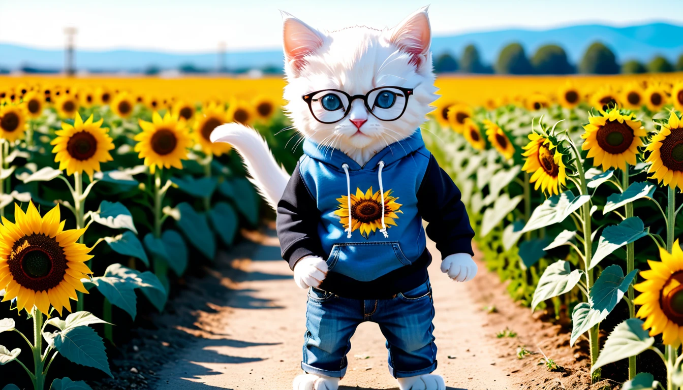 (Masterpiece: 1.4), professional photography, cute white kitten, standing on two legs
BRAKE
Light blue hoodie
BRAKE
Denim jeans
BRAKE
Black-rimmed glasses
BRAKE
Sunflower field as background
BRAKE
Full body shot, (Cinematic Light: 1.3), shot with Lumix GH5 (cinematic bokeh, dynamic range, vibrant colors)