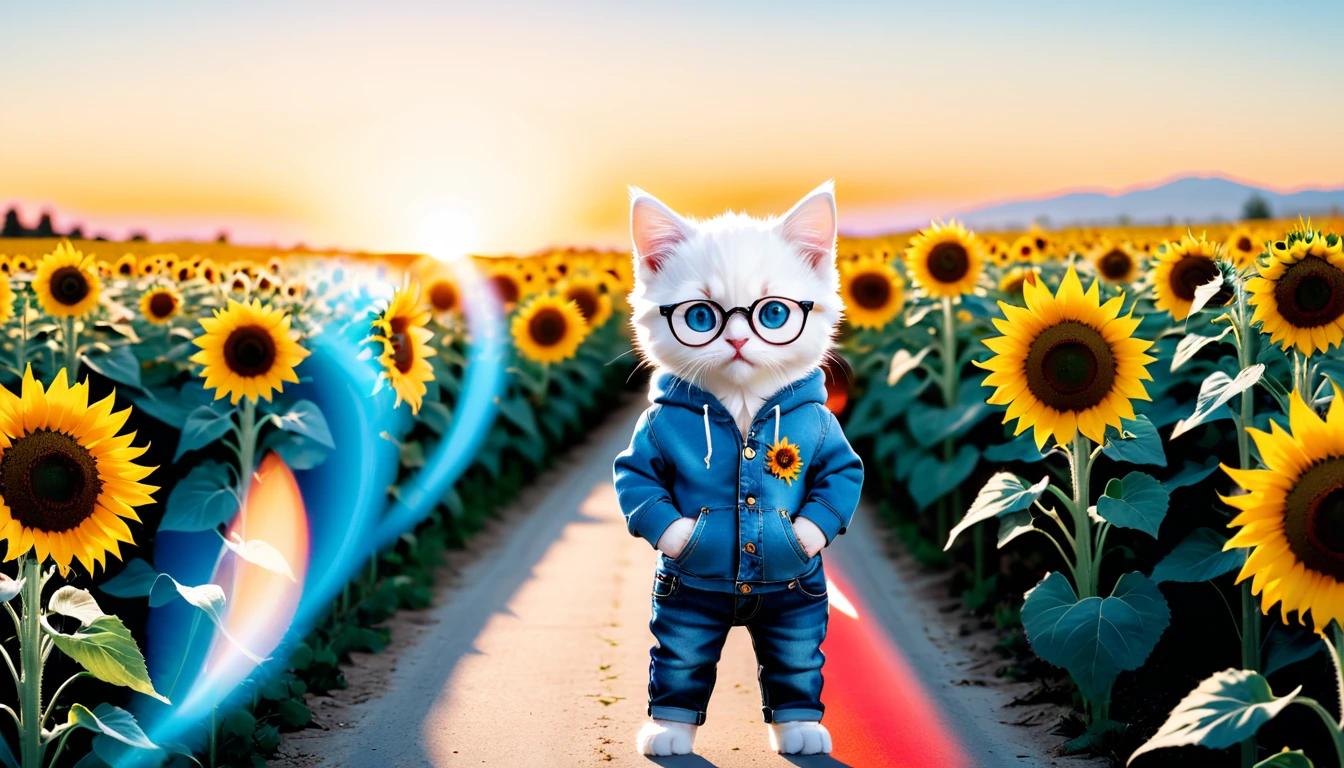 (Masterpiece: 1.4), professional photography, cute white kitten, standing on two legs
BRAKE
Light blue hoodie
BRAKE
Denim jeans
BRAKE
Black-rimmed glasses
BRAKE
Sunflower field as background
BRAKE
Full body shot, (Cinematic Light: 1.3), shot with Lumix GH5 (cinematic bokeh, dynamic range, vibrant colors)