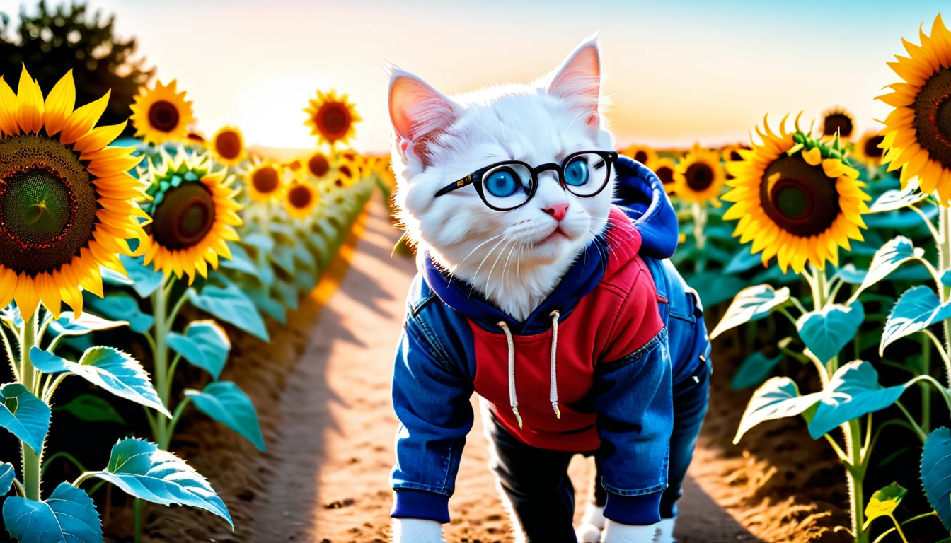 (Masterpiece: 1.4), professional photography, cute white kitten, standing on two legs
BRAKE
Light blue hoodie
BRAKE
Denim jeans
BRAKE
Black-rimmed glasses
BRAKE
Sunflower field as background
BRAKE
Full body shot, (Cinematic Light: 1.3), shot with Lumix GH5 (cinematic bokeh, dynamic range, vibrant colors)