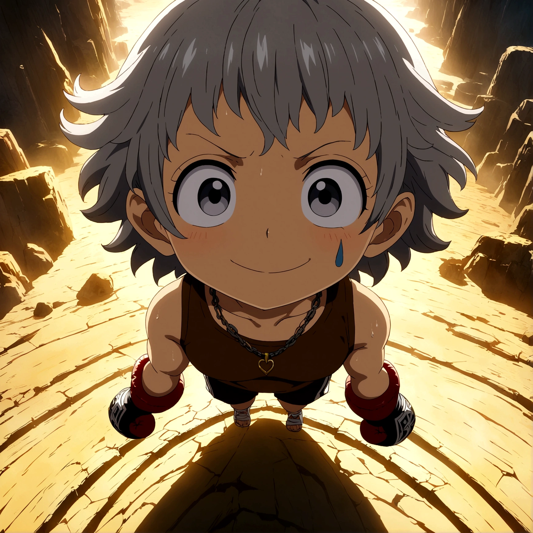 Tiny human, youthful appearance, muscular and compact body, short gray hair, brown blouse, boxing shorts, stitched leather boxing gloves, innocent smile, necklace with teardrop symbol, "One Piece-inspired anime features, drenched in dramatic and incredible lighting, dramatic lighting, infused with creative details, ultra-fine 2D design, scenery bathed in creativity, bathed in creativity, boasting HD anime resolution clarity, HD anime graphics, high-octane rendering"