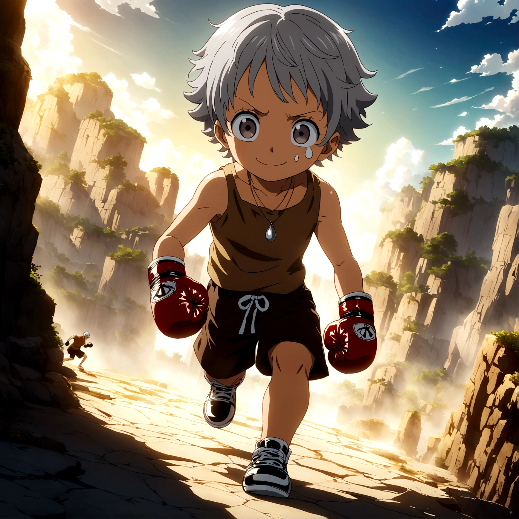 Tiny human, youthful appearance, muscular and compact body, short gray hair, brown blouse, boxing shorts, stitched leather boxing gloves, innocent smile, necklace with teardrop symbol, "One Piece-inspired anime features, drenched in dramatic and incredible lighting, dramatic lighting, infused with creative details, ultra-fine 2D design, scenery bathed in creativity, bathed in creativity, boasting HD anime resolution clarity, HD anime graphics, high-octane rendering"