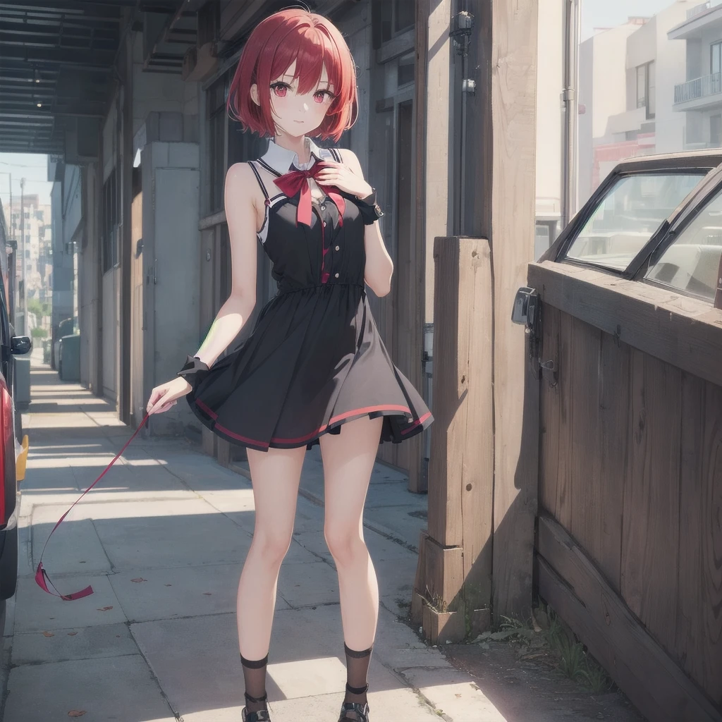1girl, (masterpiece), best quality, expressive eyes, perfect face, anime girl with red hair, (anime girl wearing a black dress), school girl in gothic dress, stellar style eyes, cute anime girl, fullbody, anime visual of a cute girl, 16 years old, red eyes, red hair, small breast, short-hair, detail eyes, shining eyes