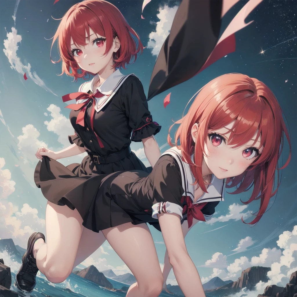 1girl, (masterpiece), best quality, expressive eyes, perfect face, anime girl with red hair, (anime girl wearing a black dress), school girl in gothic dress, stellar style eyes, cute anime girl, fullbody, anime visual of a cute girl, 16 years old, red eyes, red hair, small breast, short-hair, detail eyes, shining eyes