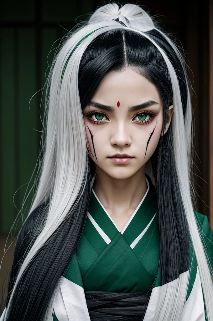 Create a character with these characteristics of kimetsu no yaiba. Girl with long white hair, eyes, one dark black and the other green, scars on the face and body, uniform of a hashira. light skin color.