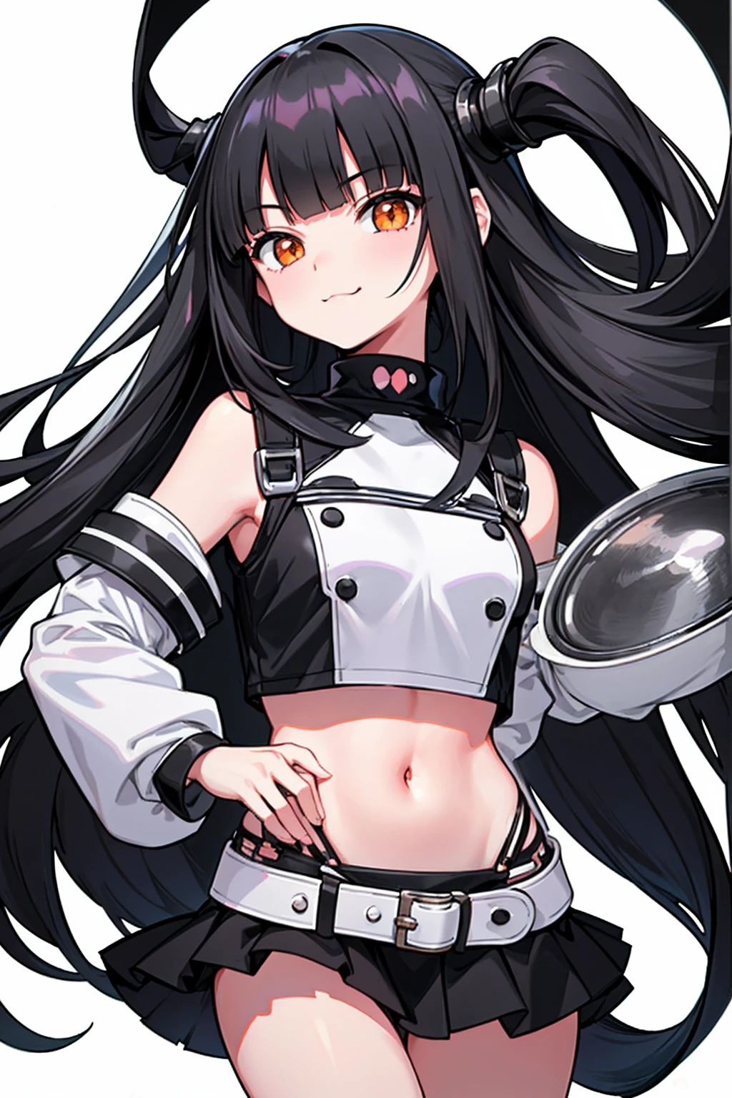 whole body,Standing posture, (Black Hair,Trimmed bangs,Hime cut,Long straight hair,) (Small breasts,Teenage Girl,), (Cute face:1.2) (Punk Fashion,Low rise,) smug face,(White background) 