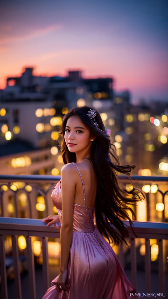 1girl , wearing a fluttering nightgown, standing on a balcony, sunset sky, long flowing hair, elegant pose, penthouse balcony, ((motion blur)), (majestic beauty atmosphere), (shimmer),
