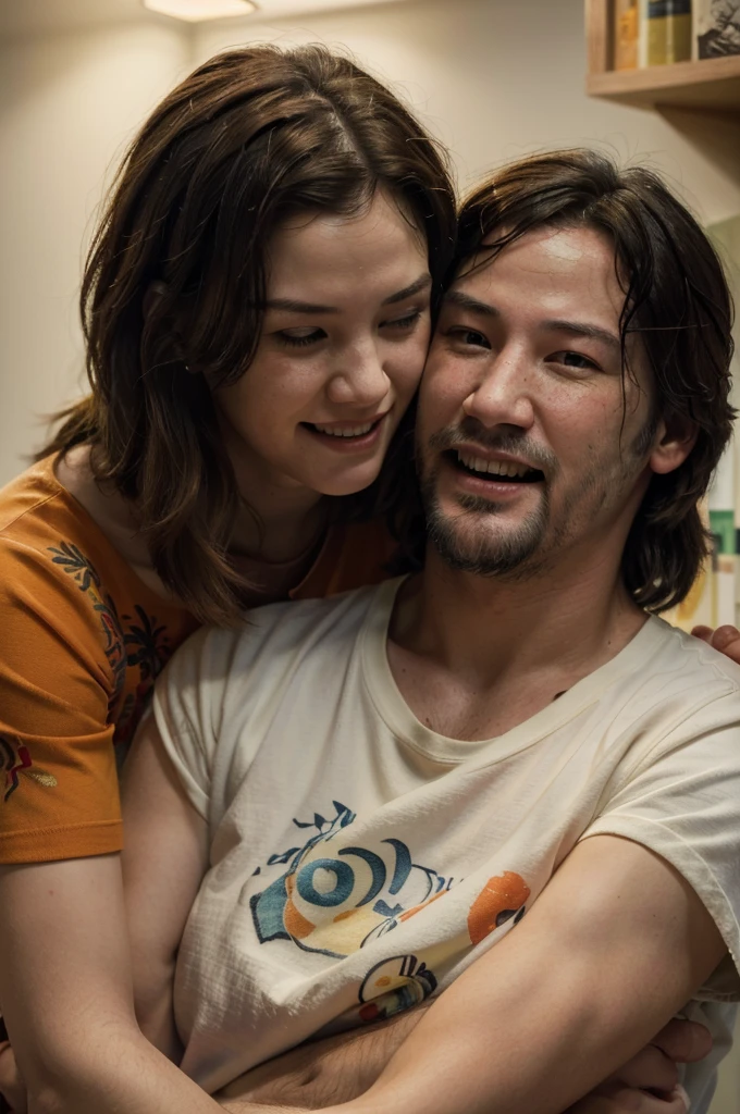 ((best quality)), ((masterpiece)), (detailed), perfect face, Couple, laughing, man and woman, Ellie de the Last of us 2 y Keanu Reeves, hugged, intense lighting, high level of detail, yellow and white wool t-shirt, with orange and red print