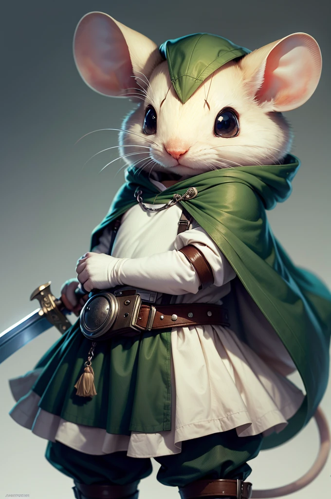 Solitary, White mouse, Wearing a green hooded cape, Belt with waist bag, Holding a sword, Super angry, Realistic mouse,Lens at a distance