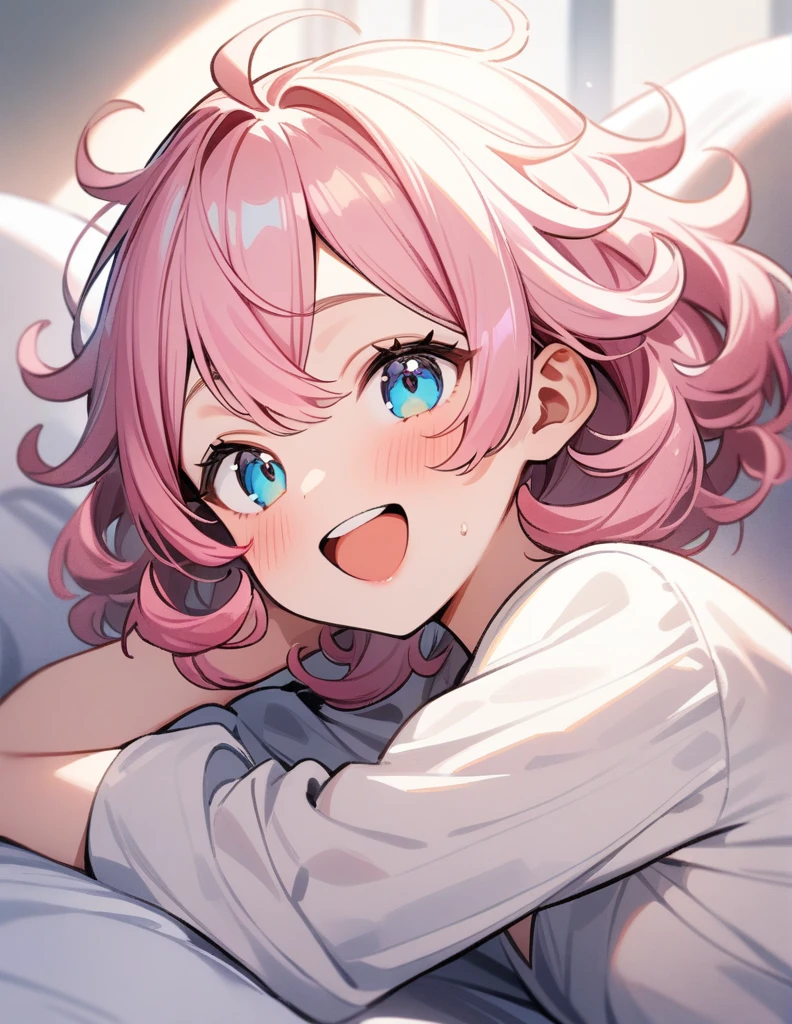 (Masterpiece),(Best Quality),very aesthetic,(ultra detailed),(illustration),NSFW,1 girl, 8 years,slender,pink hair,Curly hair,(The hair is curled up),short hair,messy hair,aqua blue eyes,SMILE,Open mouth,happy,humble,White wizard&#39;s robe,White glove,light green fluffy skirt,tiny thong, view from behind.,white wizard cape with gold trim,standing,standing next to the throne,castillo,arms between legs,Fluffy gray boots,cowboy shot