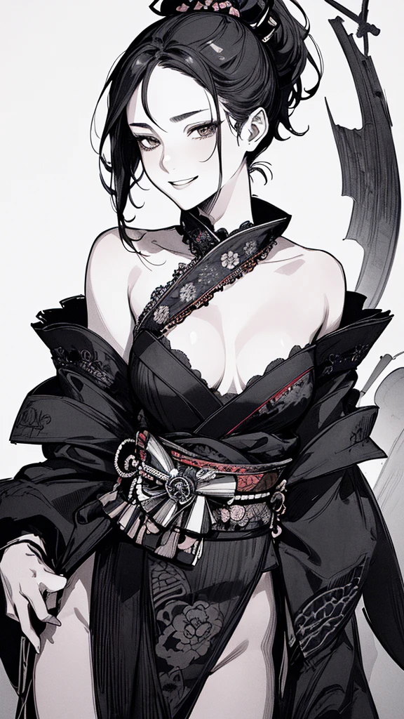 Best quality, (background detail), high contrast, very beautiful woman, detailed original illustration, functional, samurai, kimono, black hair, ponytail delicate face, charm, bad girl, sexy, real breasts, crazy smile, crazy eyes, black background, (black background: 1. 5), beautiful line drawing, monochrome
