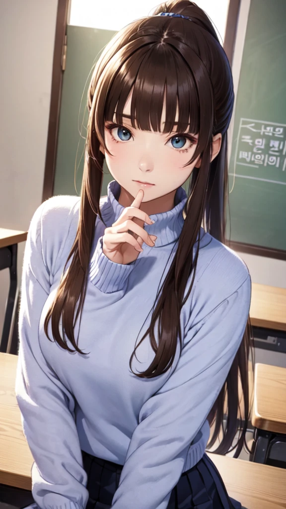 (8K, best quality, Piece Fly:1.2)、Ultra-high resolution,1 female,、Ultra-fine face,Delicate eyes,Green eyes,Cinema Lighting、Cool、Tree Eyes,Retouched nose,Brown long hair,Ponytail,,rest,在教室rest,Korean style sweater school uniform,Blue JK pleated skirt,,rest,((Korean style preppy sweater top)),,Long sleeve,rest,Detailed fingers,attract the audience,Sitting in the classroom,Serious and nervous expression