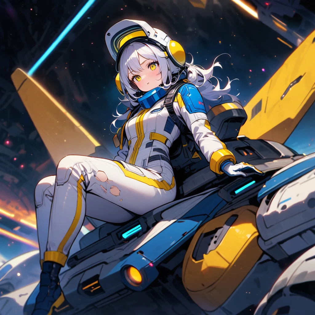 (well done: 1) white female spacesuit with blue and yellow details with helmet, slightly torn blue jacket on top. sitting on top of a space base.