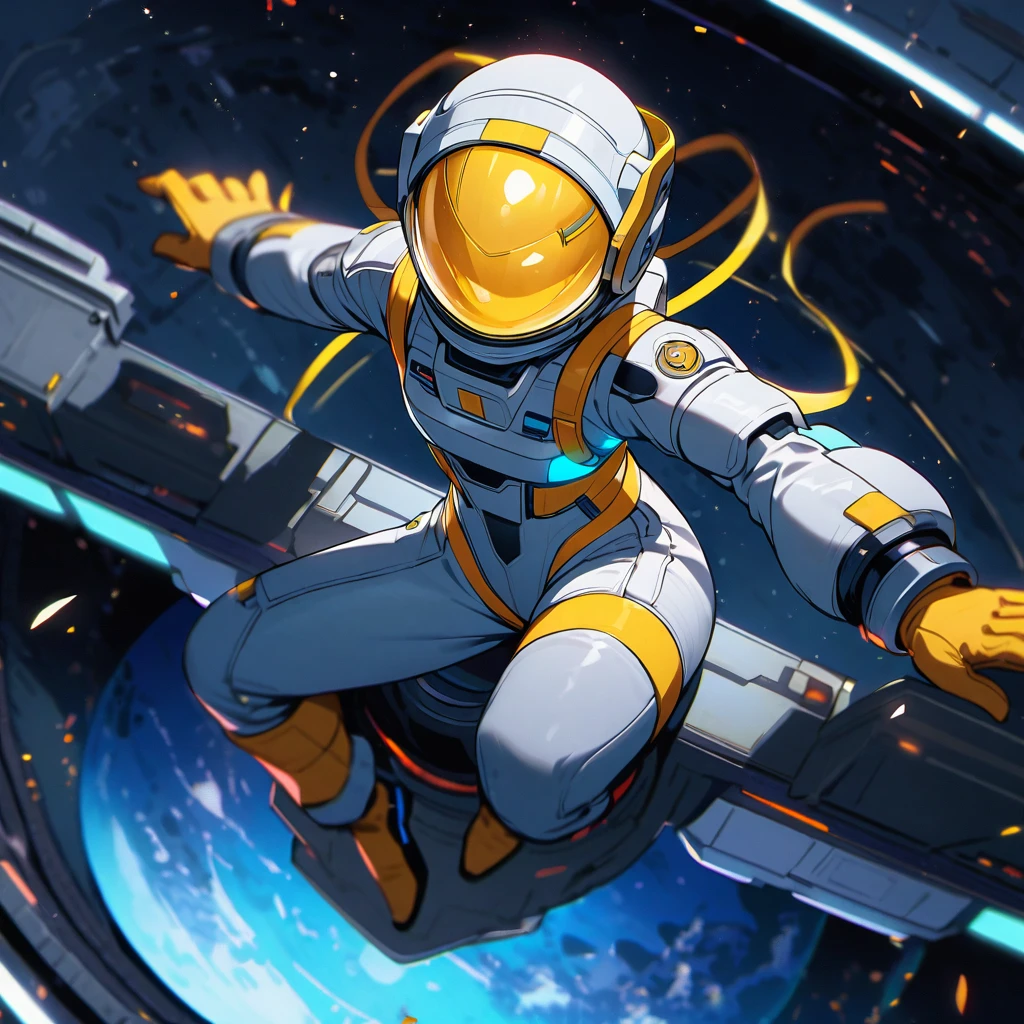 (well done: 1) white female spacesuit with blue and yellow details with helmet, slightly torn blue jacket on top. sitting on top of a space base.