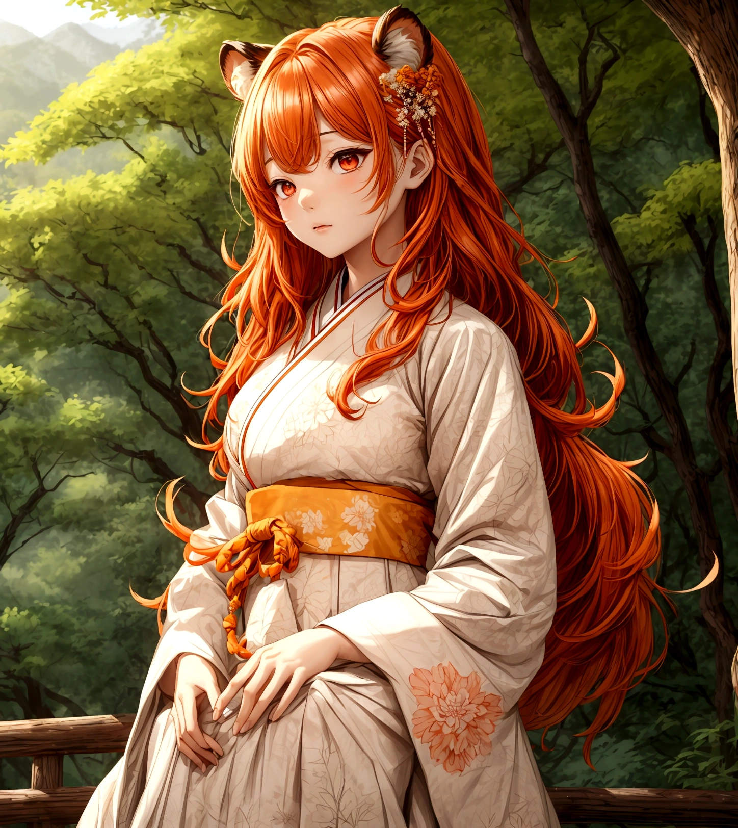 ((최고의 품질)), ((걸작)), (상세한), 여자 1명, Orange color hair , black highlights hair , Long and wavy flowing freely hair ,tiger ears on top of the head , red eyes , Calm and gentle eyes , Fair complexion skin , Traditional Korean hanbok , Cream-colored with intricate patterns and details hanbok , Full skirt typical of a hanbok , Complementary colors and patterns to the top, flowing gracefully hanbok , Forest , Daytime with clear skies , The character is standing gracefully in the forest, blending the traditional elegance of the hanbok with the serene natural surroundings