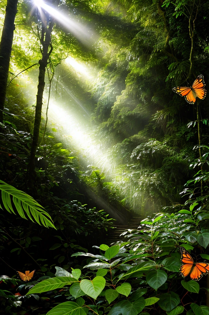 Sunlight shining through trees and leaves in the rainforest, borboleta and sunshine, enchanted forest backround, rays of life, Butterflies fly, butterfly lighting, Glowing borboleta, enchanted forest background, enchanted forest, Magical jungle, very magical and dreamy, lush fairy forest, borboleta, Butterflies float in the air, in a enchanted forest, full of fairy