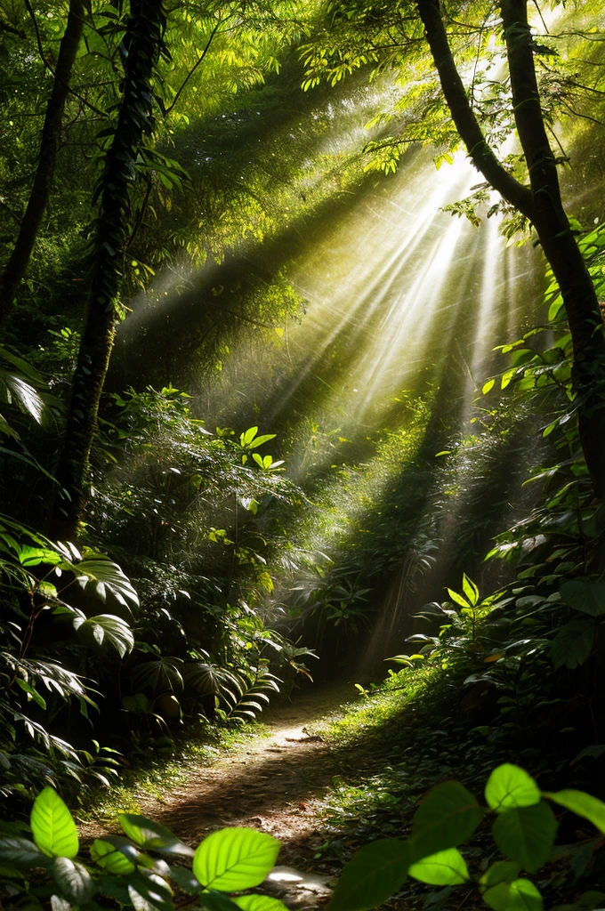 Sunlight shining through trees and leaves in the rainforest, borboleta and sunshine, enchanted forest backround, rays of life, Butterflies fly, butterfly lighting, Glowing borboleta, enchanted forest background, enchanted forest, Magical jungle, very magical and dreamy, lush fairy forest, borboleta, Butterflies float in the air, in a enchanted forest, full of fairy