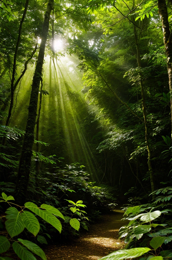 Sunlight shining through trees and leaves in the rainforest, borboleta and sunshine, enchanted forest backround, rays of life, Butterflies fly, butterfly lighting, Glowing borboleta, enchanted forest background, enchanted forest, Magical jungle, very magical and dreamy, lush fairy forest, borboleta, Butterflies float in the air, in a enchanted forest, full of fairy