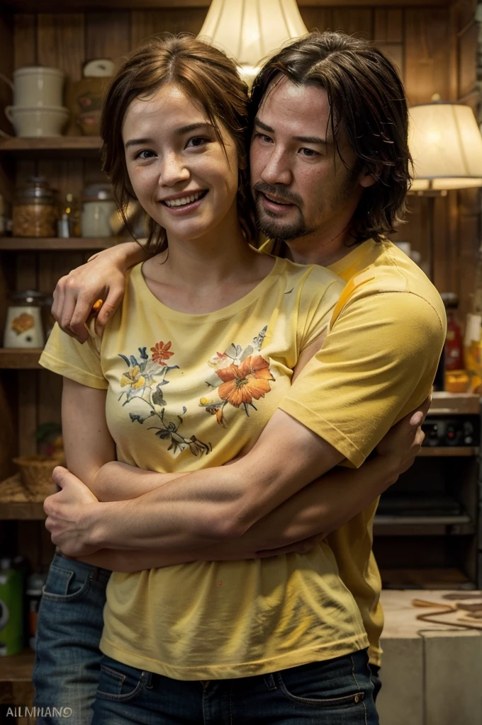 ((best quality)), ((masterpiece)), (detailed), perfect face, Couple, man and woman, laughing, hugged, foreground, Ellie de the Last of us 2 y Keanu Reeves, blue and yellow wool t-shirt with orange and red print