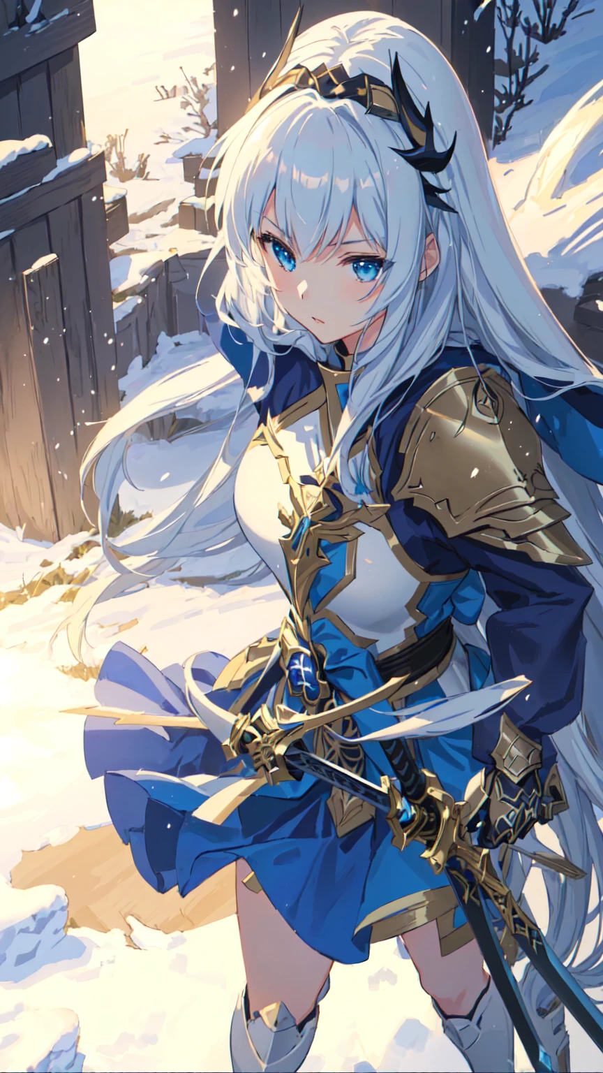 Anime girl with sword and armor in a snowy area., portrait knights of the zodiac girl, armor girl, clear and sharp rpg portrait, Detailed key anime art, epic light novel art cover, Ayaka Genshin Impact, knights of the zodiac girl, Extremely detailed artistic germ, epic light novel cover, highly detailed official artwork, genshin impact keqing, light novel cover