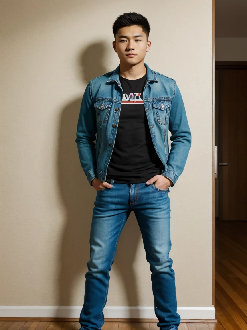A full-body-shot of a 22-years-old Canadian man named Ethan Chen, of Asian descent, with a rugged, masculine face texture, short back hair, wavy hair, green eyes, wears a denim jacket, jeans pant, a handsome boy, detailed eyes, detailed face, detailed hands, he looks at the viewer. He is in a minimalist living room background. He's standing casually, casual pose, full figure.