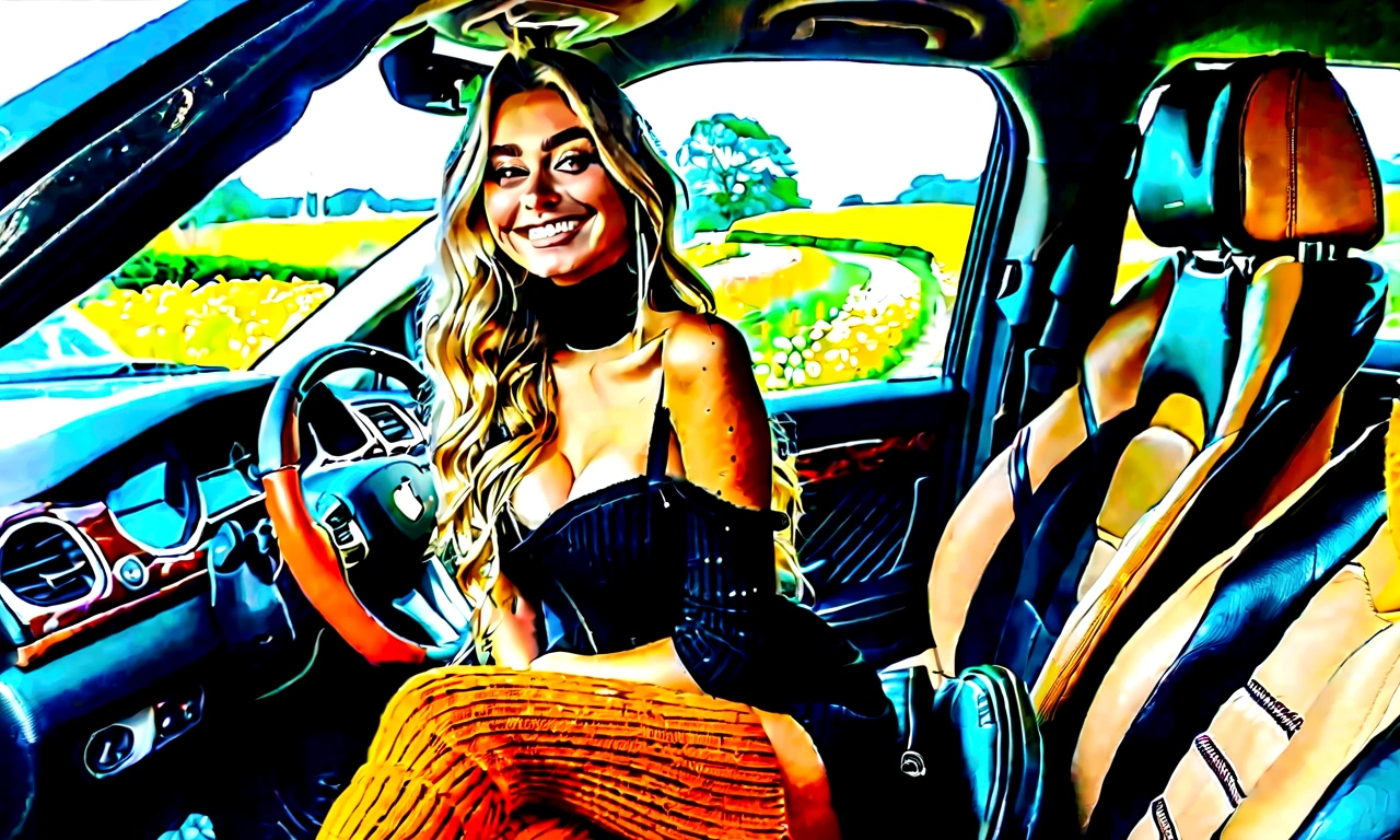 3 girls, long blond hair , 22 years old, inside car, influencer, beauty ,, black dress, curvy, ,fat legs,   makeup,, sitting on car ,
 socks and boots, smiling, no effects, selfie , iphone selfie, no filters , iphone photo natural