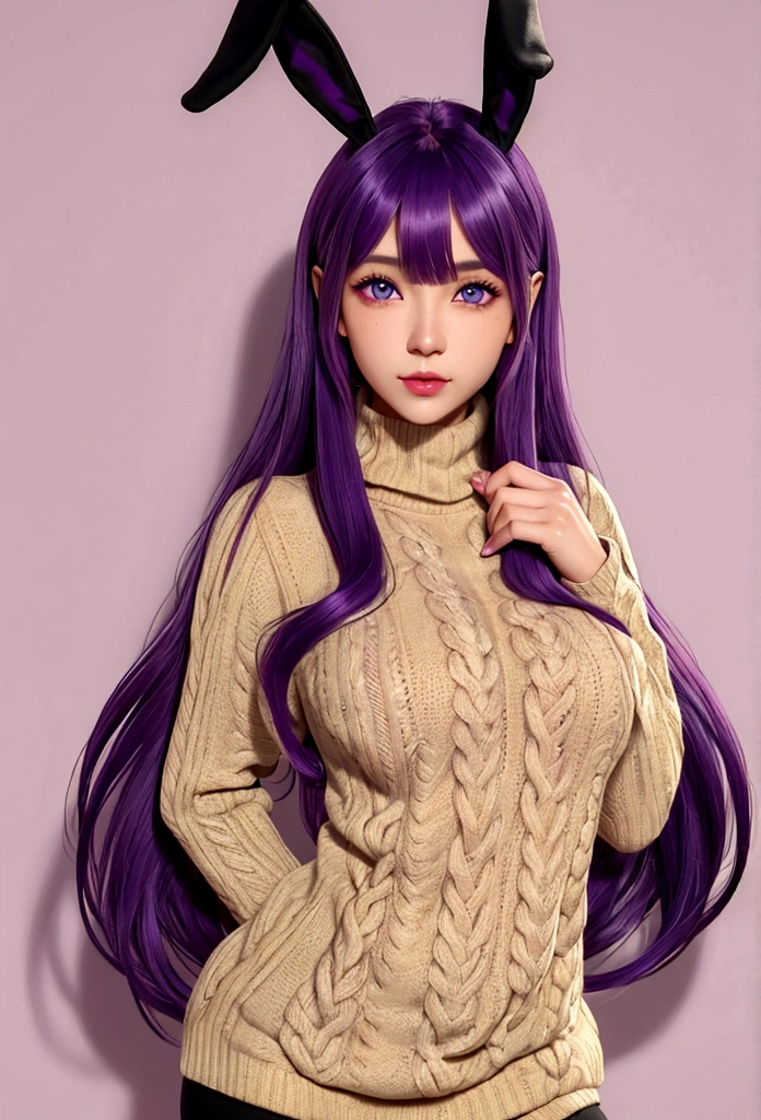 bunny girl, (tan skin:1.2). long purple hair, blue eyes, tight purple turtleneck sweater,