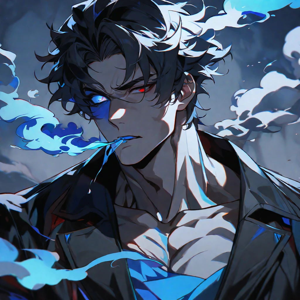 solo, handsome, 1 male, short hair, black hair, muscular, Attractive, blue＆red eyes, Odd Eye, glowing, black light, black coat, smoke, smoking, blue fire