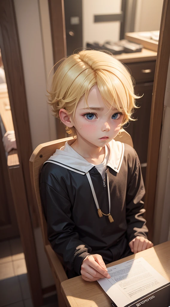boy, slim, Cute, bright eyes, Short blond hair, in your bedroom, looks at the viewer, shy