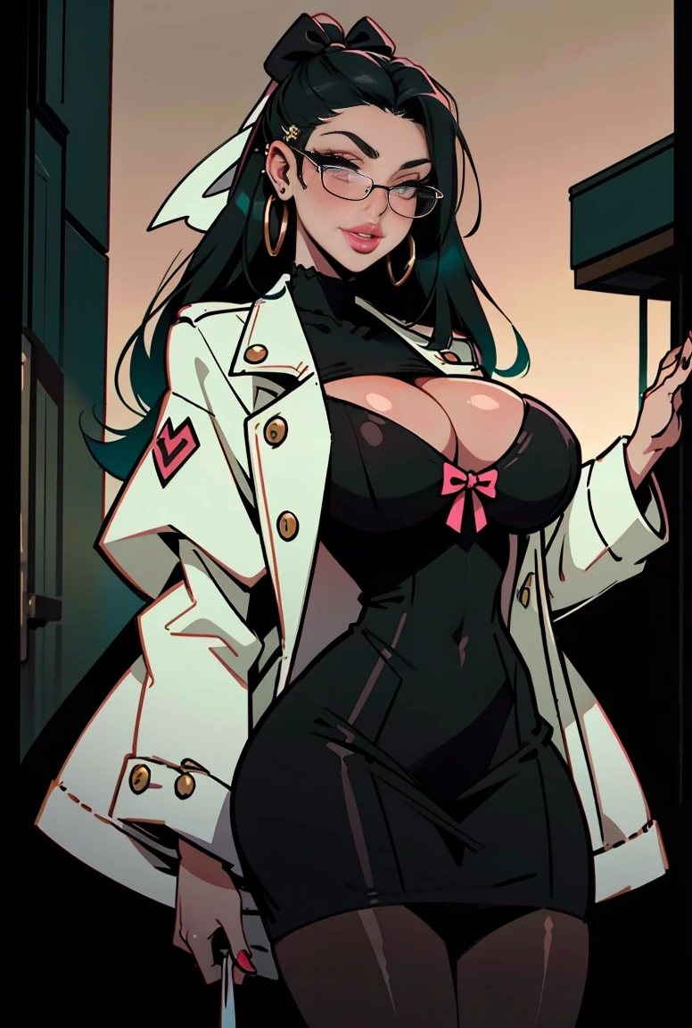 blush, smileglowing aura, natural light, masterpiece, glossy skin, juicy lips , ,sexy, hot, , cleavage, evil,juicy lips, bimbo, hour glass, black hair, wide eyes, green eyes, massive , dark lighting, long hair, pink bow, oversized jumper, platform shoes, bow in hair, golden round glasses, sandy black hair, bimbo, cute, fluffy white coat, shopping, shopping bags, white fluffy coat, evil smile, no hair on forehead, no fringe, from below, juicy lips, cowboy shot, Chichi,