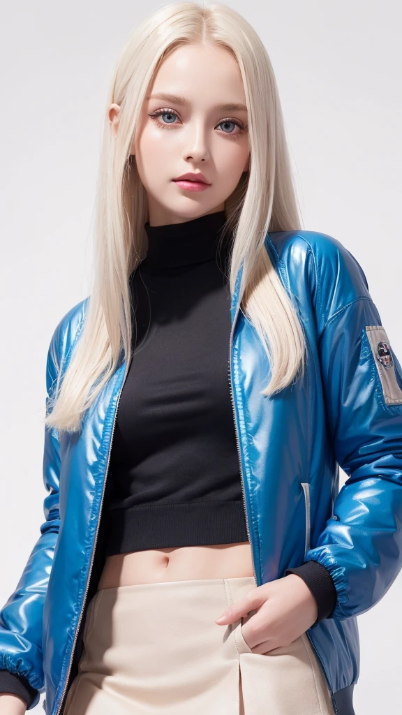 (((open jacket、mini skirt、White background、Cowboy Shot、forehead)))、forehead、Northern Europe、Russia、beautiful girl、Platinum Blonde Hair、Straight long hair、Big blue eyes、Northern Europeの若者、Glowing Skin、Young and beautiful skin、A perfect and beautiful little face、Bright makeup、Pale pink lips、Bright expression、lipstick、Golden Hour Lighting、Movie Light、Intricate details、High resolution、 Detailed features of the face design、Big Breasts