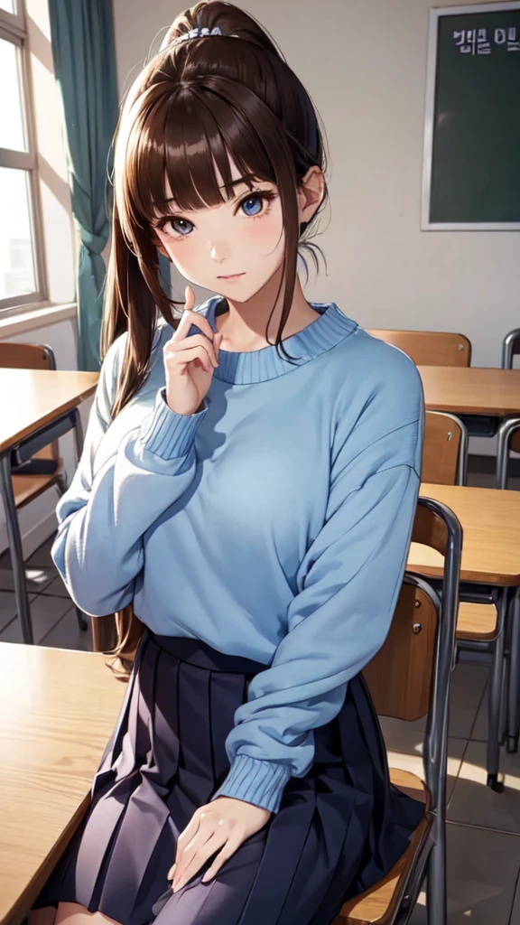 (8K, best quality, Piece Fly:1.2)、Ultra-high resolution,1 female,、Ultra-fine face,Delicate eyes,Green eyes,Cinema Lighting、Cool、Tree Eyes,Retouched nose,Brown long hair,Ponytail,,rest,在教室rest,Korean style sweater school uniform,Blue JK pleated skirt,,rest,((Korean style preppy sweater top)),,Long sleeve,rest,Detailed fingers,attract the audience,Sitting in the classroom,Serious and nervous expression