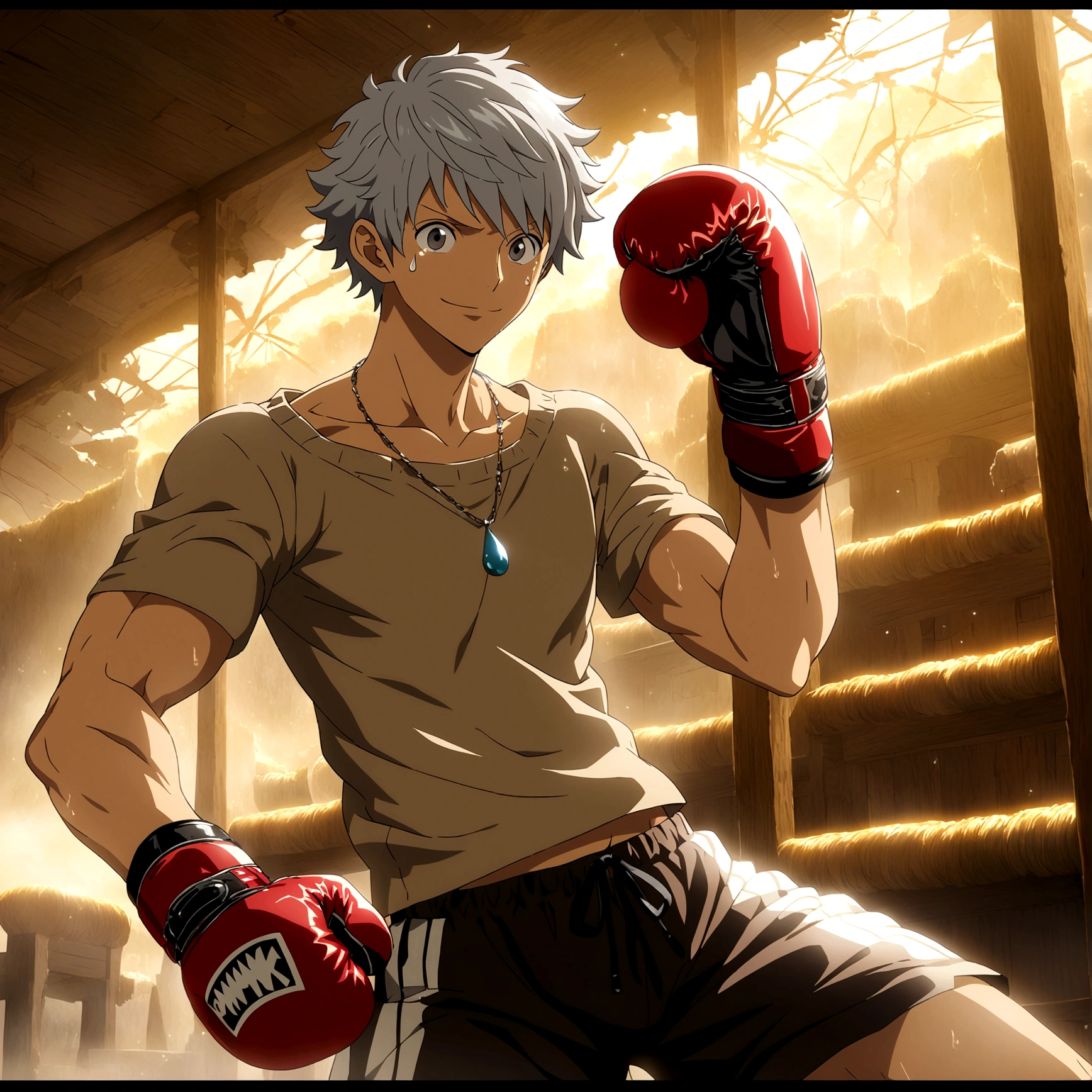 Young man, youthful appearance, muscular and compact body, short gray hair, brown blouse, boxing shorts, stitched leather boxing gloves, innocent smile, necklace with teardrop symbol, "One Piece-inspired anime features, drenched in dramatic and incredible lighting, dramatic lighting, infused with creative details, ultra-fine 2D design, scenery bathed in creativity, bathed in creativity, boasting HD anime resolution clarity, HD anime graphics, high-octane rendering"