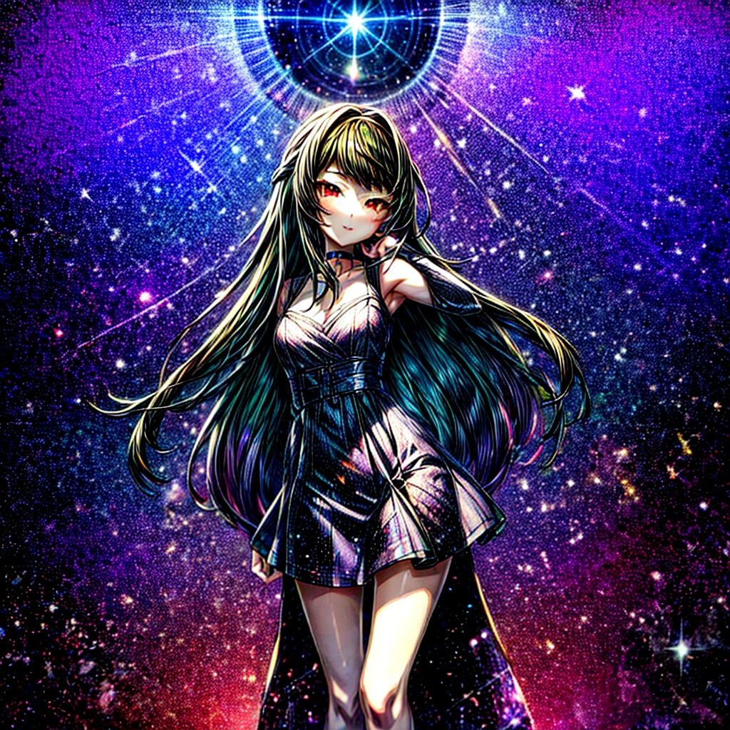 This is a high definition anime portrait (8k) featuring a girl with prominent curves and a choker, looking directly at the camera. Her hair is a vibrant mix of black and purple., with fractal patterns and a stellar glow that suggests a space and starry background. The image has a detailed art style, with influences from artists such as Ilya Kuvshinov and Krenz Cushart, and is characterized by its colorful and cheerful expression, She looks like Miss Sasha Gray.