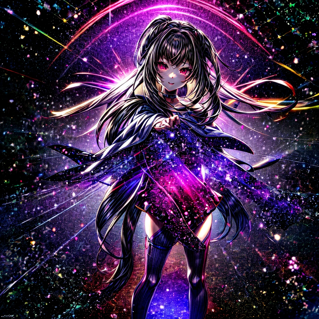 This is a high definition anime portrait (8k) featuring a girl with prominent curves and a choker, looking directly at the camera. Her hair is a vibrant mix of black and purple., with fractal patterns and a stellar glow that suggests a space and starry background. The image has a detailed art style, with influences from artists such as Ilya Kuvshinov and Krenz Cushart, and is characterized by its colorful and cheerful expression, She looks like Miss Sasha Gray.