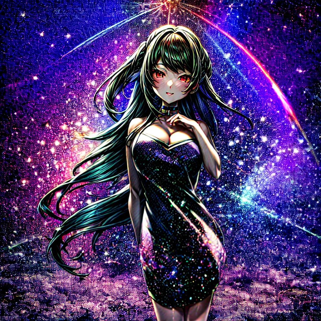 This is a high definition anime portrait (8k) featuring a girl with prominent curves and a choker, looking directly at the camera. Her hair is a vibrant mix of black and purple., with fractal patterns and a stellar glow that suggests a space and starry background. The image has a detailed art style, with influences from artists such as Ilya Kuvshinov and Krenz Cushart, and is characterized by its colorful and cheerful expression, She looks like Miss Sasha Gray.