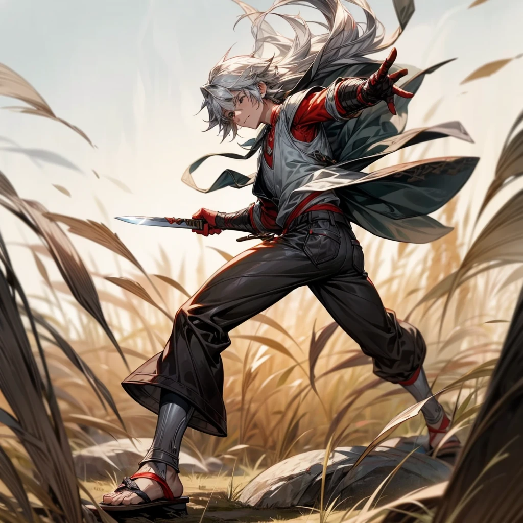 1boy, Full body version, 1character, black eyes color, milk skin, long hairstyle, monolod eyes type, silver colour hair, muscle, Farmer villager clothing style, red color clothing, black pants, white scraf, Ancient roman sandals, vest armors, knife in two hand, Grassroots background in field villager, motion blur, battle gesture