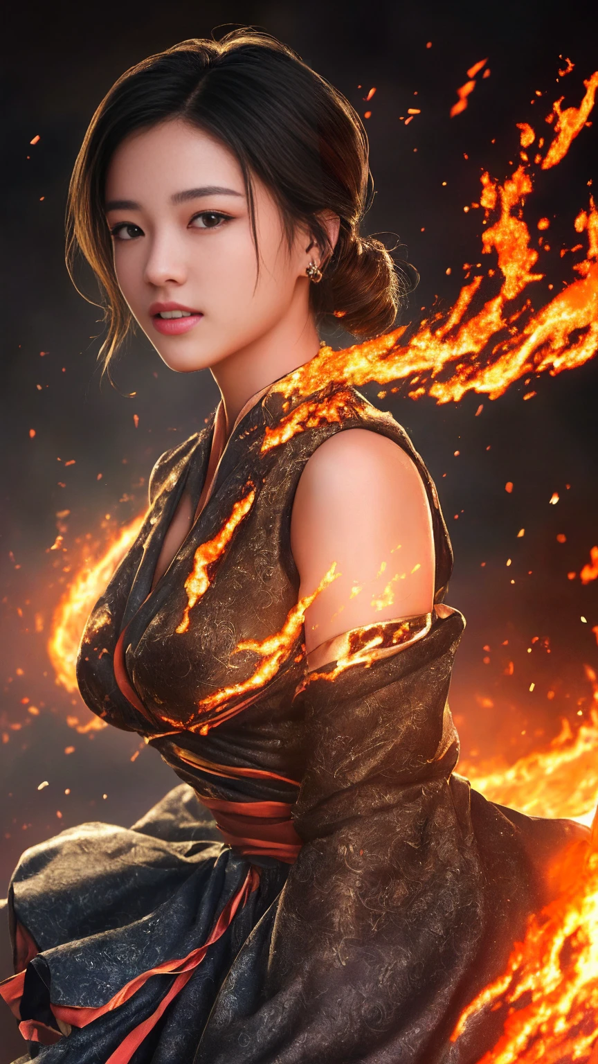 最high quality、high quality、Best image quality、8K、最High resolution、High resolution、最high quality、masterpiece、RAW Photos、whole body写真、Detailed and realistic human body、Detailed and realistic skin、Realistic face in every detail、Detailed and realistic eyes、Detailed and realistic lips、Detailed and realistic teeth、Detailed and realistic ears、Detailed and realistic hair、Realistic reproduction of every detail、((Beautiful Hands(thumb1、reference4))、Realistic feet down to the last detail、((Beautiful Japanese Girl))、(Japanese Model)、 Beautiful girl of years old))、(Black Hair)、(Random Hairstyles)、((whole body))、((Slim and perfect figure))、(Beautiful firm breasts)、(whole body光沢肌、Fair skin)、((Mysterious fabric wrapped in flames(A dress made of fire))、((Flames that wrap around the body))、((The fiery dress clearly shows her body lines.))