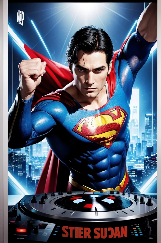 Superman playing on a DJ controller and above a poster written dj nios