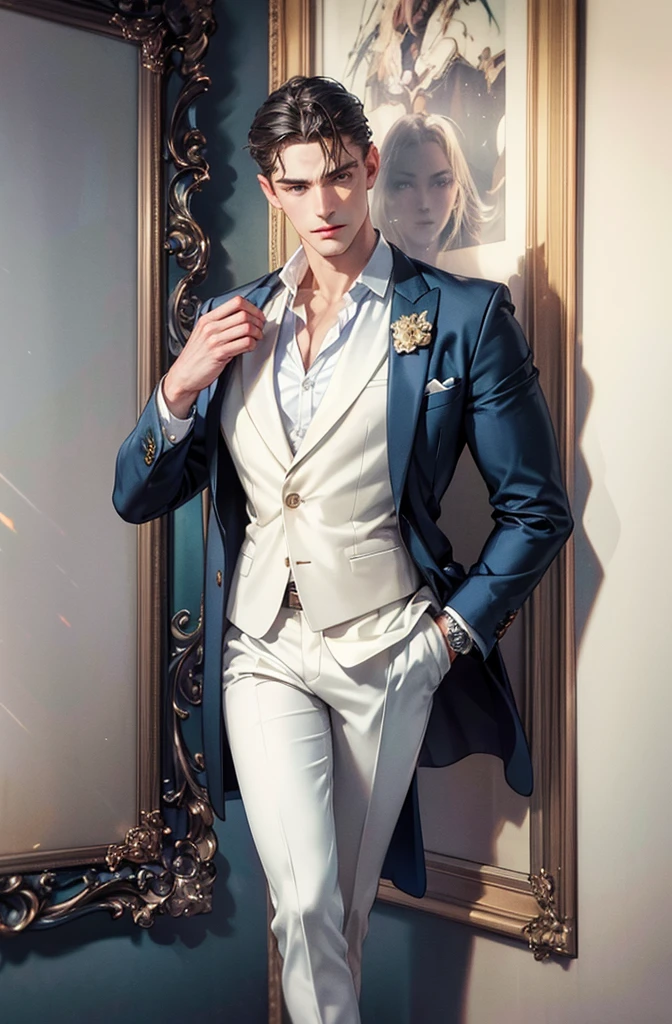 (8K), (Best quality) , (best details), (ultra realistic), (high resolution), (Masterpiece:1.2), (UHD), full body, full figure, res, Robust construction, Vivid colors, Soft lighting, Subtle shadows, vibrant color palette, intricate full color picture of a handsome Dutch man named Willem Janssen, masculine face texture, defined mid jawline, detailed eyes, looking energetic, dressed in a stylish dark blue blazer and white long pant, set against an minimalist office wall, detailed wall structure and texture, epic character composition,sharp focus, subsurface scattering, f2, 35mm, film grain