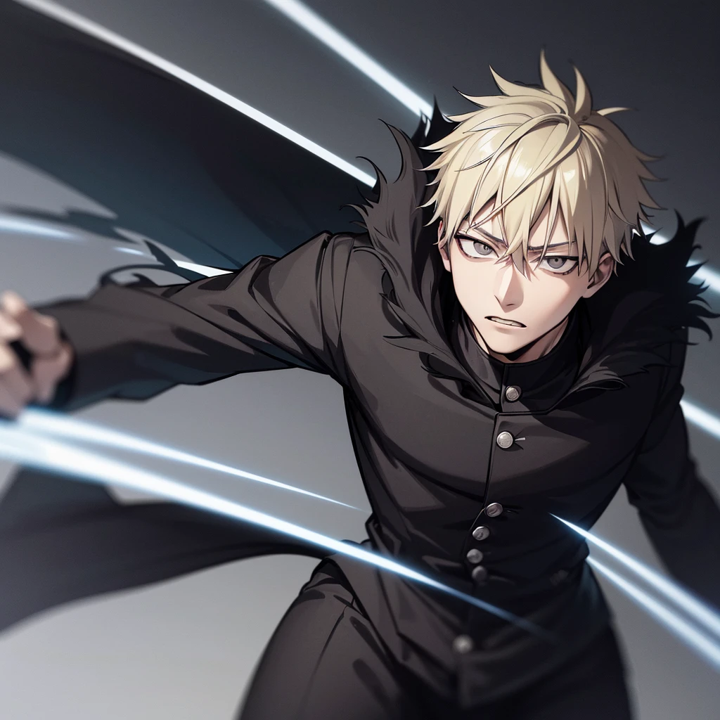 one japanese man, haircolor blonde and black, grey eyes, wearing a black fur coat, jujutsu kaisen background, high res, ultrasharp, masterpiece, jujutsu kaisen style