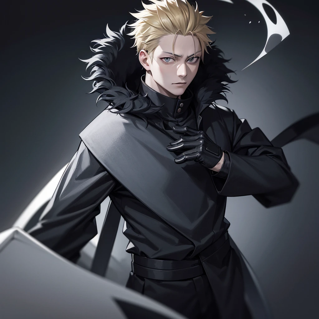 one japanese man, haircolor blonde and black, grey eyes, wearing a black fur coat, jujutsu kaisen background, high res, ultrasharp, masterpiece, jujutsu kaisen style