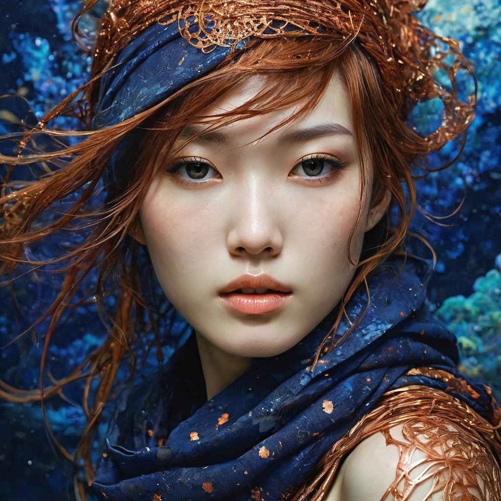Abstract expressionist photography abstract beauty, centered, (looking at camera), near perfection, dynamic, moonlight, highly detailed, digital rendering, artstation, concept art, smooth, sharp focus, super realistic , art by Carne Griffiths and Wadim Kashin. Vibrant brushstrokes, bold colors, abstract forms, expressiveness, emotions, official art, unified 8k wallpapers, ultra-detailed, ((realistic human skin textured)), beautiful and aesthetic, masterpieces, best quality, (zentangle, mandala, tangled, tangled), (fractal art: 1.3),extremely detailed, dynamic angles, ((cowboyshot)), vibrant colors, romanticism, by Takato Yamamoto, Ashley Wood, ((full body, a very beautiful Japanese mixed faces woman)), exuding both sensuality and determination. She is dressed in copper flakes armor, vibrant navy scarf, dynamic supermodels posing, Great aquarium realm background,