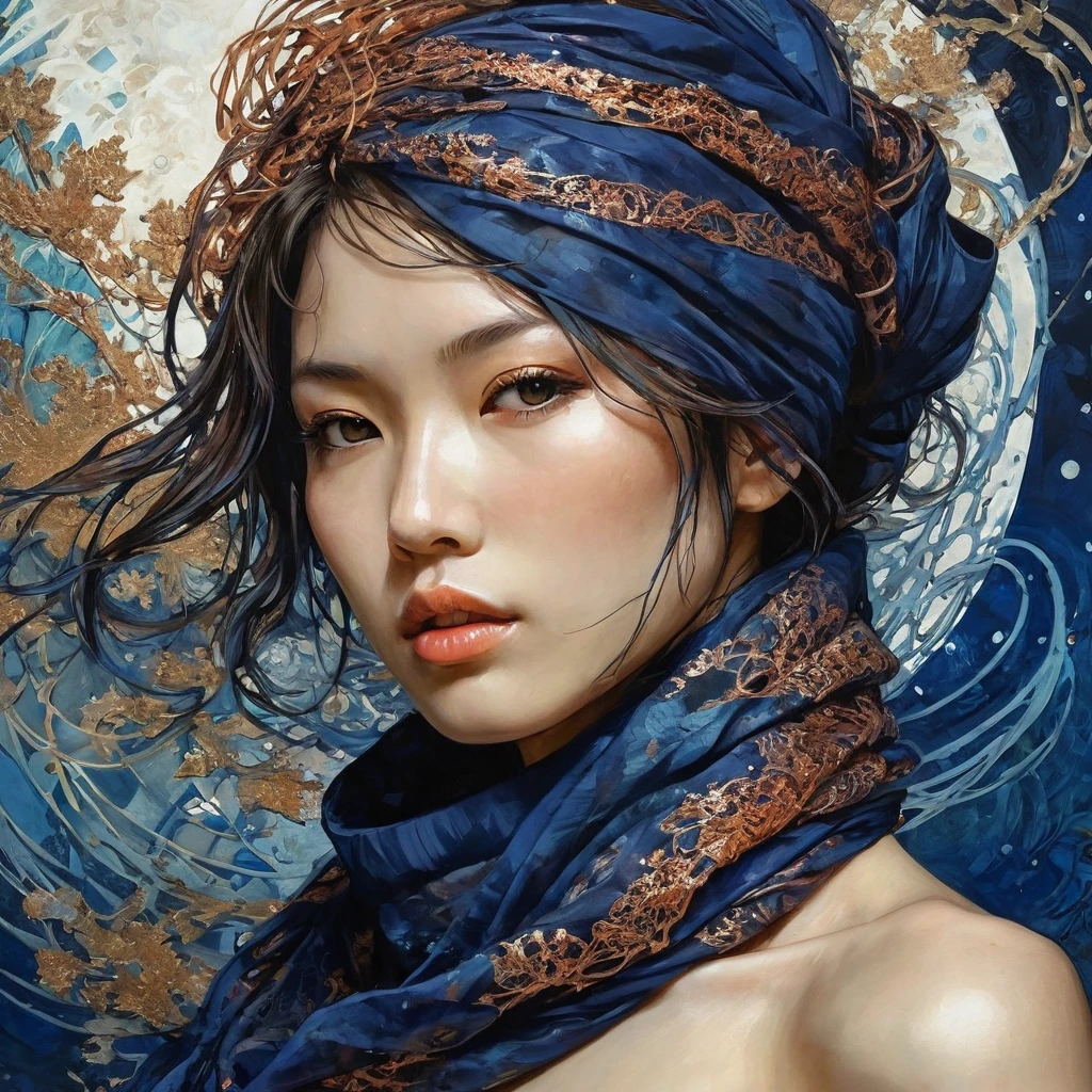Abstract expressionist photography abstract beauty, centered, (looking at camera), near perfection, dynamic, moonlight, highly detailed, digital rendering, artstation, concept art, smooth, sharp focus, super realistic , art by Carne Griffiths and Wadim Kashin. Vibrant brushstrokes, bold colors, abstract forms, expressiveness, emotions, official art, unified 8k wallpapers, ultra-detailed, ((realistic human skin textured)), beautiful and aesthetic, masterpieces, best quality, (zentangle, mandala, tangled, tangled), (fractal art: 1.3),extremely detailed, dynamic angles, ((cowboyshot)), vibrant colors, romanticism, by Takato Yamamoto, Ashley Wood, ((full body, a very beautiful Japanese mixed faces woman)), exuding both sensuality and determination. She is dressed in copper flakes armor, vibrant navy scarf, dynamic supermodels posing, Great aquarium realm background,