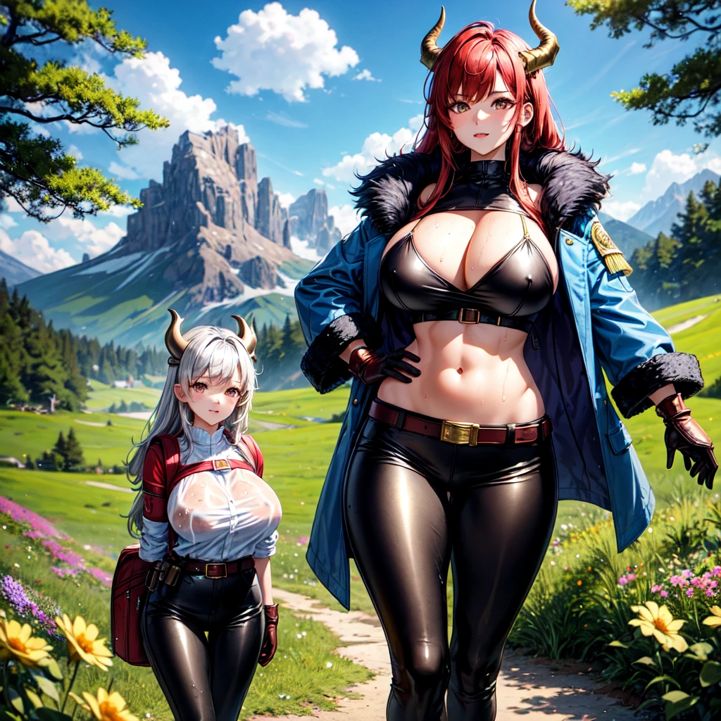 One young Korean woman with golden eyes and lush red hair and large horns, wet bronze skin, huge chest, wearing a blue coat with black fur and rolled up sleeves, steel silver heavy armor, wide leather red belt with large gold yarn, leather black pants, leather gloves, a hiking backpack, stands in the middle of a meadow blooming with flowers against the backdrop of high mountains and forests, not two characters,